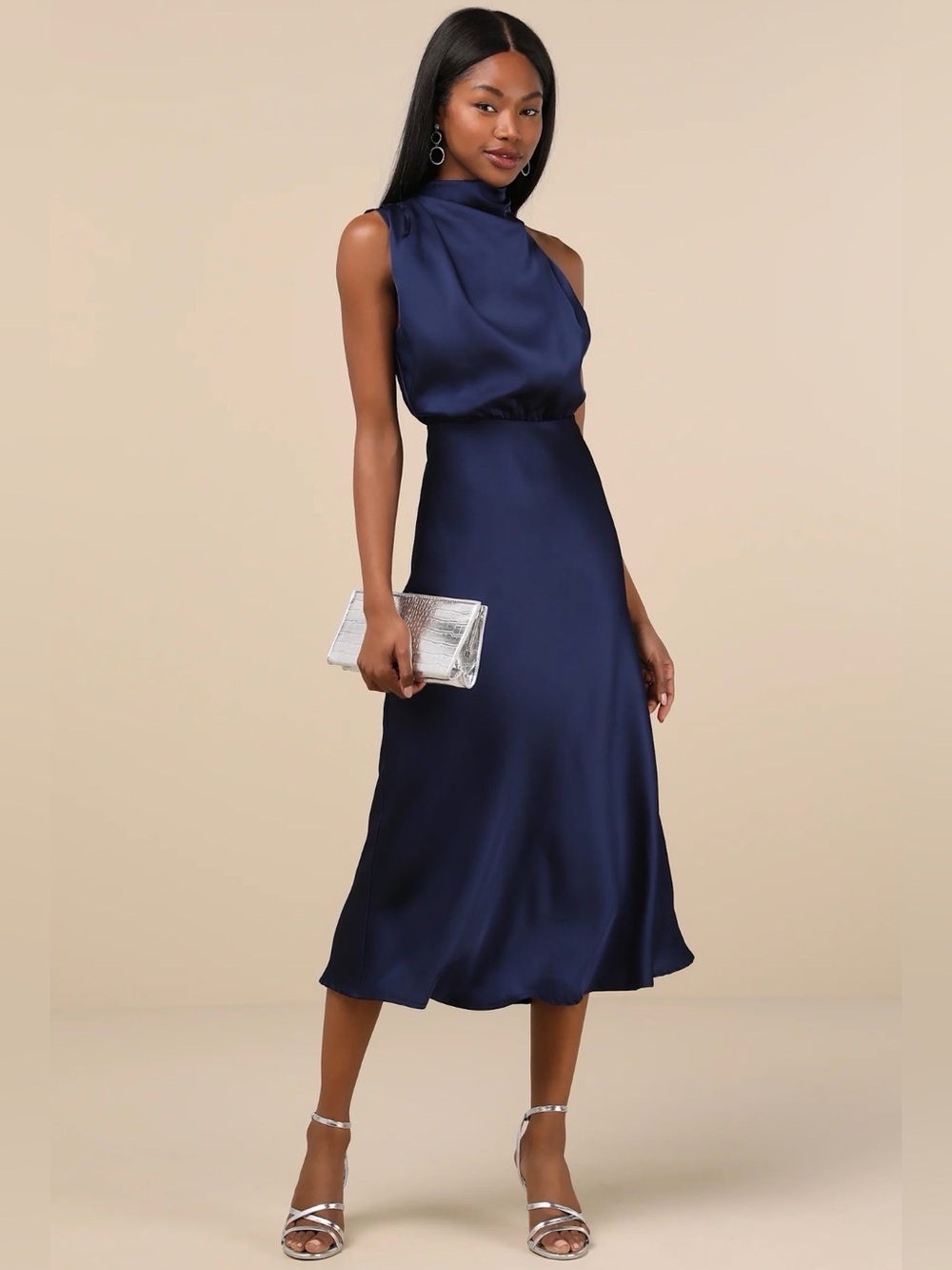 Lulus Distinctive Charm Navy Satin Asymmetrical Midi Dress Size Medium